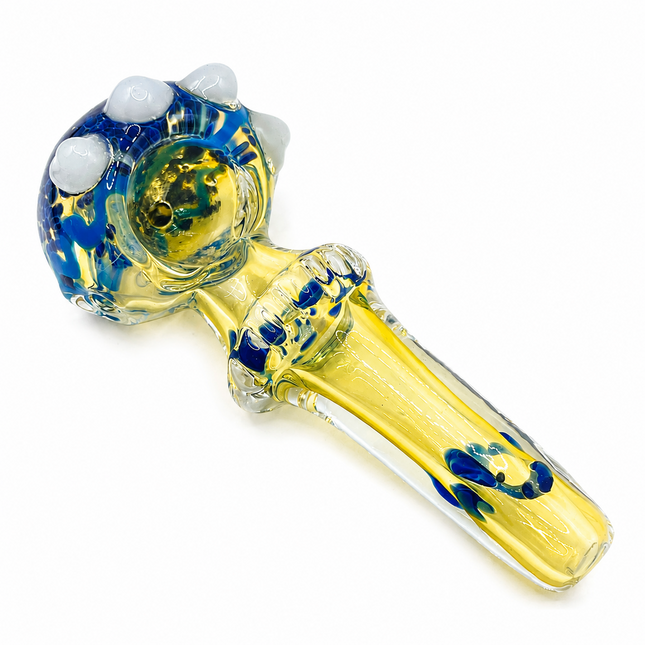 Pale Yellow Blue Gobblin Glass Spoon Pipe with White Marble Accents - 4.5 inch