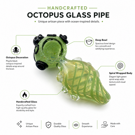 Octopus Invasion Emerald Spiral High Quality Glass Hand Pipe Green 4.5 Inch