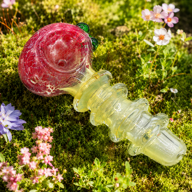 Strawberry Crackle Glass Spoon Pipe – 4 Inch Pink Hand Pipe Green Accent