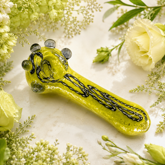 Moss Green Black Swirl Glass Spoon Pipe with Smoke Marble Accents - 4.5 inch