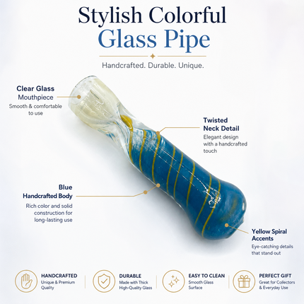 Ocean Gold Handcraft Glass Chillum Pipe Blue Yellow Spiral 3~3.5 inch