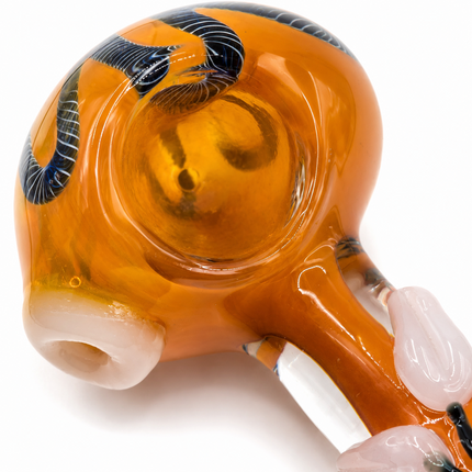 Amber Glass Spoon Pipe White Petal Grips Black Ribbon Accents Hand Pipe 5 Inch