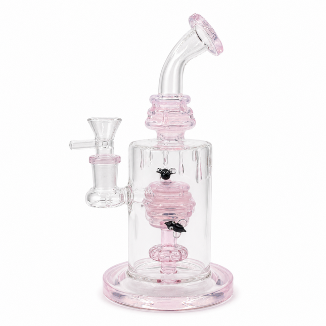 Pink Beehive Percolator 14mm Glass Bong Bent Neck Bee Design - 10 inch