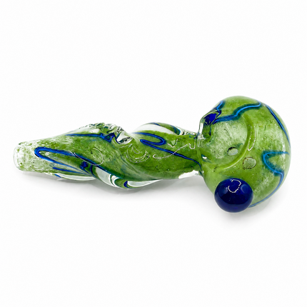 Moss Green Twist Glass Spoon Pipe with Blue Swirl & Marble Accent - 4.5 inch