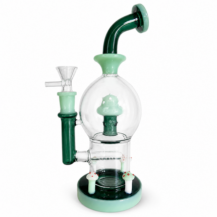 Green Mint Mushroom Percolator Glass Water Pipe with Bowl - 10 Inch