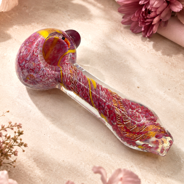 Crimson Red Yellow Web Twist Glass Spoon Pipe with Marble Accent - 4.5 inch
