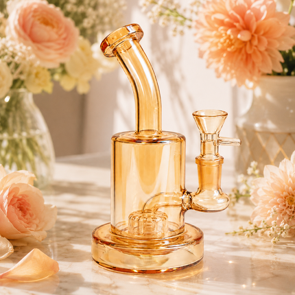 Amber Gold Slotted Perc Glass Water Pipe Curved Neck 7.5 inch