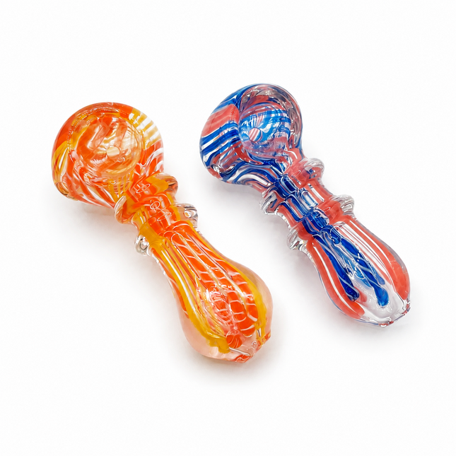 [2PC Bundle] Sunset Patriot Swirl Glass Hand Pipes Orange Red Blue 3 Inch