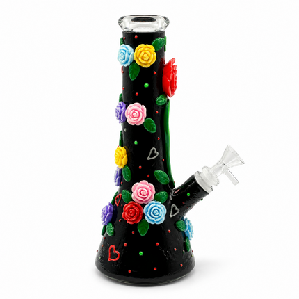 [Glow in the Dark] Midnight Bloom Rose Black Beaker Hookah - 10 Inch