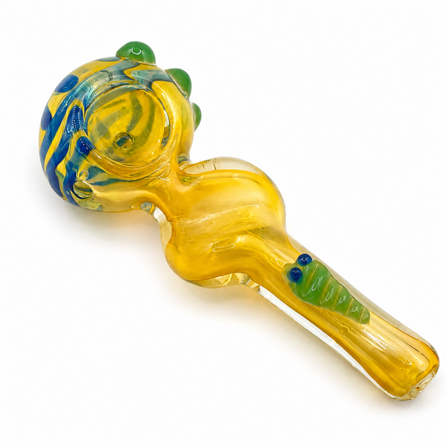 Amber Yellow Glass Spoon Pipe Green Caterpillar Blue Swirl Accent - 4.5 inch