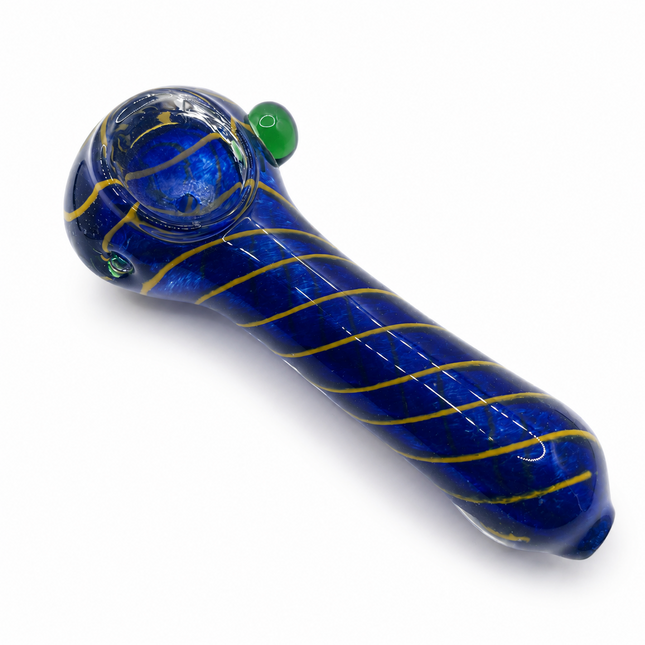 Midnight Blue Gold Spiral Glass Spoon Pipe with Green Marble – 4.5 Inch Pipes