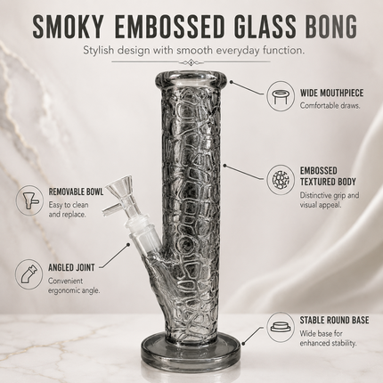 Midnight Chrome Smoke Gray Textured Straight Tube Glass Bong 14mm Bowl – 12 Inch