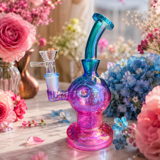 Aqua Pink Iridescent Orb Glass Water Pipe 14mm Bowl Disc Percolator 7.5 inch