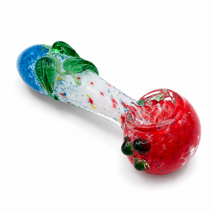 Red Blue Confetti Glass Spoon Pipe with Green Leaf Accents - 4 inch
