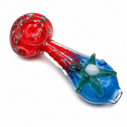 Red Blue Glass Spoon Pipe with Green Starfish Accent - 4 inch