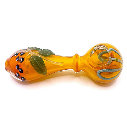 Pumpkin Patch Glass Spoon Pipe with Green Leaf Detail – 4 Inch Hand Pipe