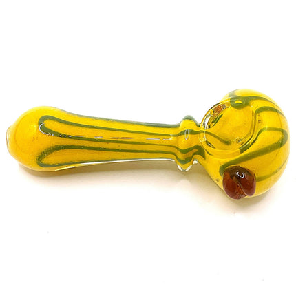 Yellow Riddler Glass Spoon Pipe with Green Stripe – 4 Inch Hand Pipe Rounded Bow