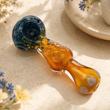 Amber Blue Crackle Glass Spoon Pipe with Curvy Body & White Dot Accents - 4.5 in