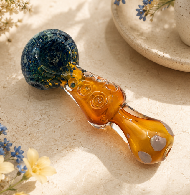 Amber Blue Crackle Glass Spoon Pipe with Curvy Body & White Dot Accents - 4.5 in