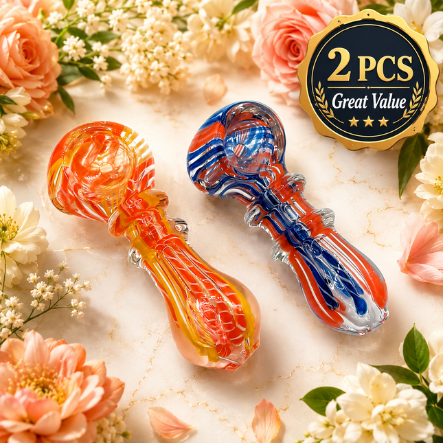 [2PC Bundle] Sunset Patriot Swirl Glass Hand Pipes Orange Red Blue 3 Inch