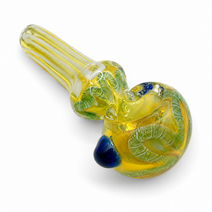 Lemon Grove Glass Spoon Pipe – 4 Inch Yellow Hand Pipe White Stripe Blue Accent