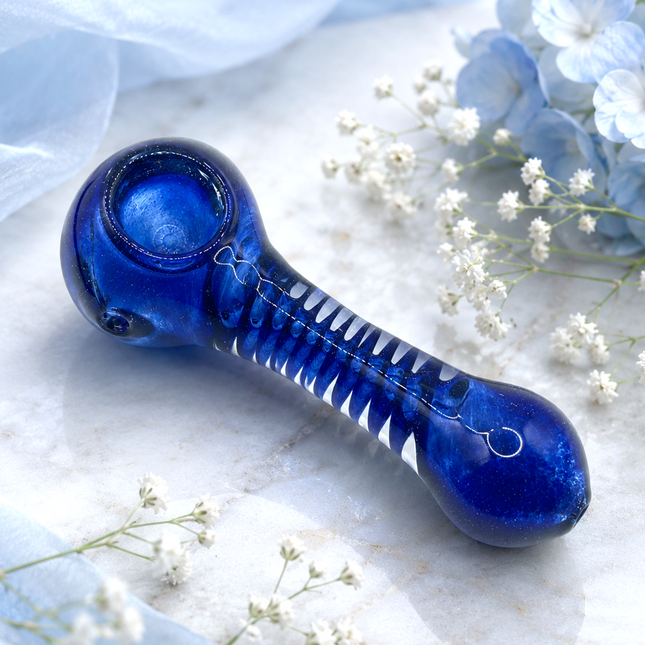 Sapphire Blue Glass Spoon Pipe with Twisted Stripe Design - 4.5 inch