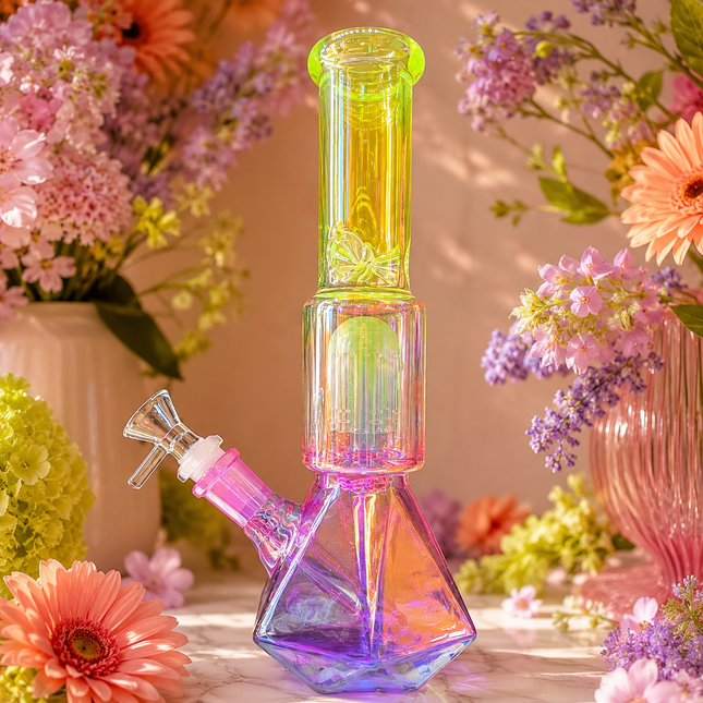 Stratos Chrome Lime Green Pink Purple Geometric Glass Bong Ice Catcher 12 Inch