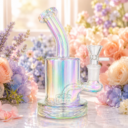 Prism Iridescent Chrome Slotted Perc Glass Water Pipe Curved Neck 7.5 inch