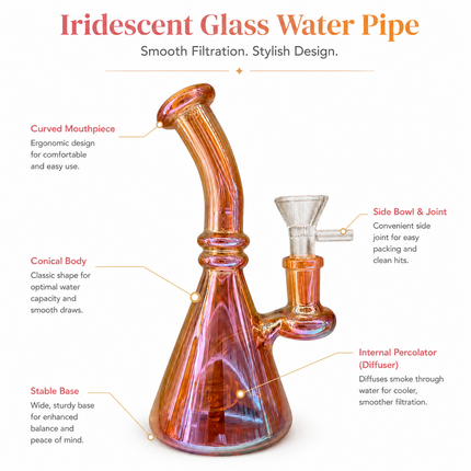 Red Mirror Chrome Bent Neck Beaker Glass Water Pipe 14mm Bowl 8 Inches