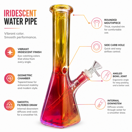 Gold Red Chrome Hexagon Glass Water Pipe Ice Catcher 14mm Bowl 10.5 inch