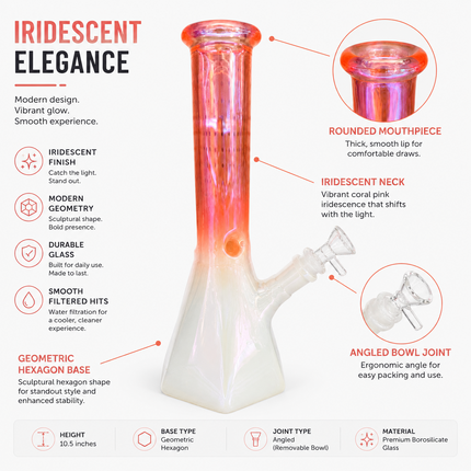 Coral Pink Chrome Hexagon Glass Water Pipe Ice Catcher 14mm Bowl 10.5 inch