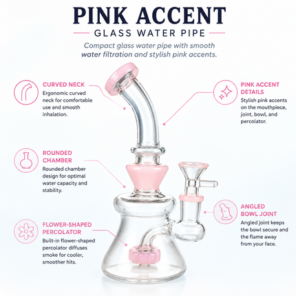 Pink Accent Disc Percolator Glass Water Pipe 14mm Bowl 7 inch