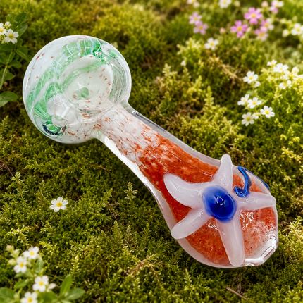 Coral Garden Glass Spoon Pipe 4 Inch White Flower Blue Center Hand Pipe