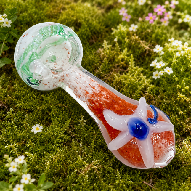 Coral Garden Glass Spoon Pipe 4 Inch White Flower Blue Center Hand Pipe