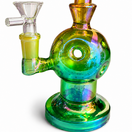 Green Gold Iridescent Orb Glass Water Pipe 14mm Bowl Curved Neck 7.5 inch