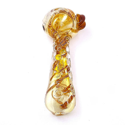 Ghost Caramel Glass Spoon Pipe with Spiral Dot Work – 4 Inch Hand Pipe Deep Bowl