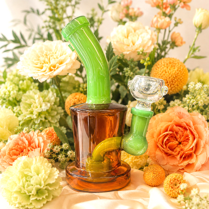 [4PC Bundle] Amber Green Drum Body Disc Perc Water Pipe 14mm 6 inch