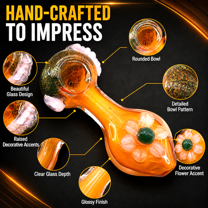 Amber Daisy Glass Spoon Pipe Pink Flower Accent 5 Inch Hand Pipe