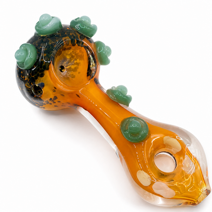 Amber Fumed Glass Spoon Pipe with Sage Green Flower Marbles - 5 Inch