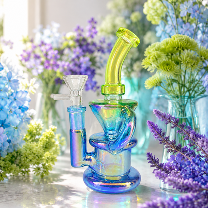 Lime Blue Iridescent Compact Glass Water Pipe 14mm 6~6.5 inch