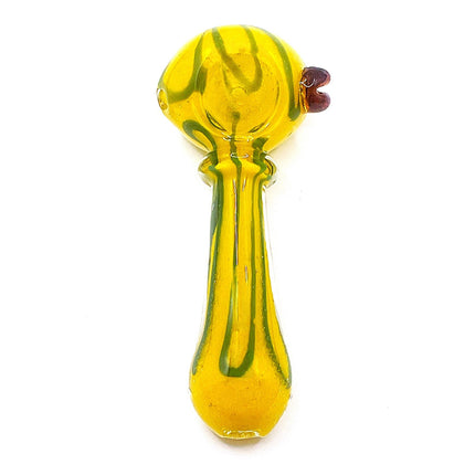 Yellow Riddler Glass Spoon Pipe with Green Stripe – 4 Inch Hand Pipe Rounded Bow