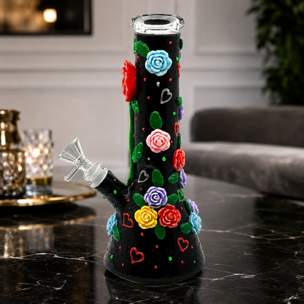 [Glow in the Dark] Midnight Bloom Rose Black Beaker Hookah - 10 Inch