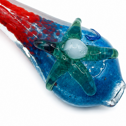 Red Blue Glass Spoon Pipe with Green Starfish Accent - 4 inch