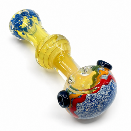 Clear Fumed Rasta Swirl Glass Spoon Pipe with Navy Marbles - 5 Inch