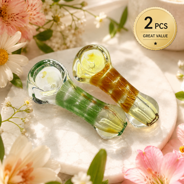 [2PC Bundle] Emerald Caramel Handcraft Glass Pipes Green Amber 3 inch
