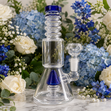 Navy Stratos Tri Cone Percolator Glass Water Pipe 14mm 7 inch