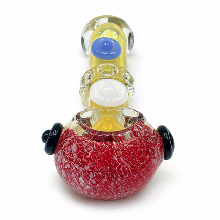 Red Blossom Fumed Glass Spoon Pipe Blue White Dot Accents 5 Inch