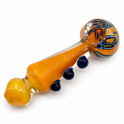 Amber Glass Spoon Pipe with Navy Blue Marbles and Swirl Bowl - 5 Inch