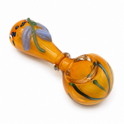 Amber Orange Pumpkin Glass Spoon Pipe with Lavender Leaf Accents - 4 inch