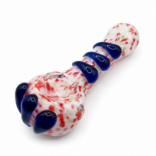 Red White Frit Handcraft Glass Spoon Pipe Cobalt Blue Marble Accents 4.5 inch